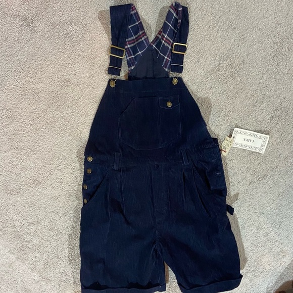 Justin Allen Vintage 100% Cotton Shortalls Sz L Corduroy Pleated NEW Navy - Picture 2 of 5